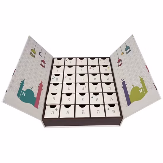 Cajas de embalaje de papel de diseño personalizado Regalo de chocolate de calidad alimentaria Regalo navideño 12 días Cuenta atrás de Navidad Calendario de Adviento de Ramadán Caja ciega
